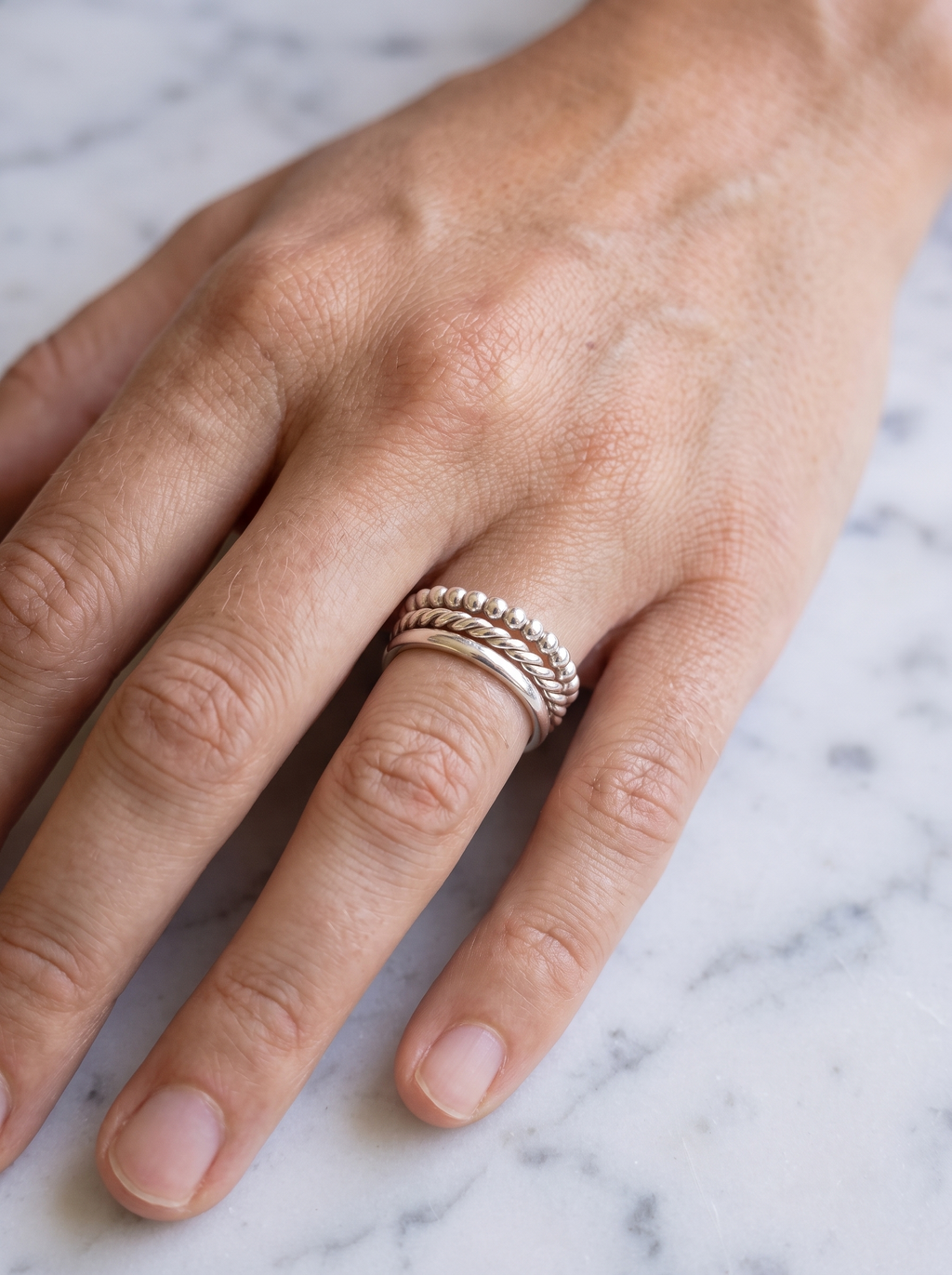 Nova Stacking Ring Set - rope and bead texture detail